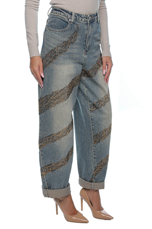 Blugi damă wide leg cu detalii strass și design în dungi diagonale