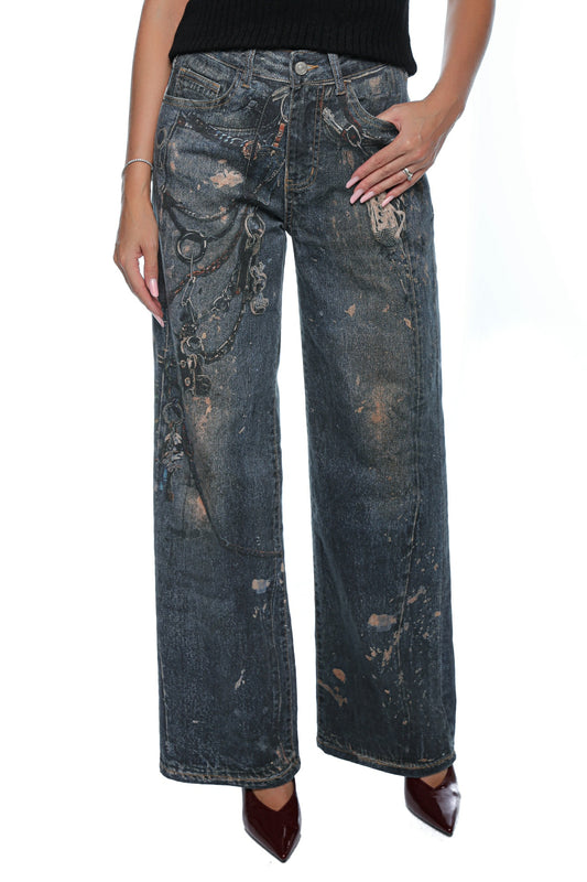 Blugi damă wide leg cu efect uzat și imprimeuri decorative