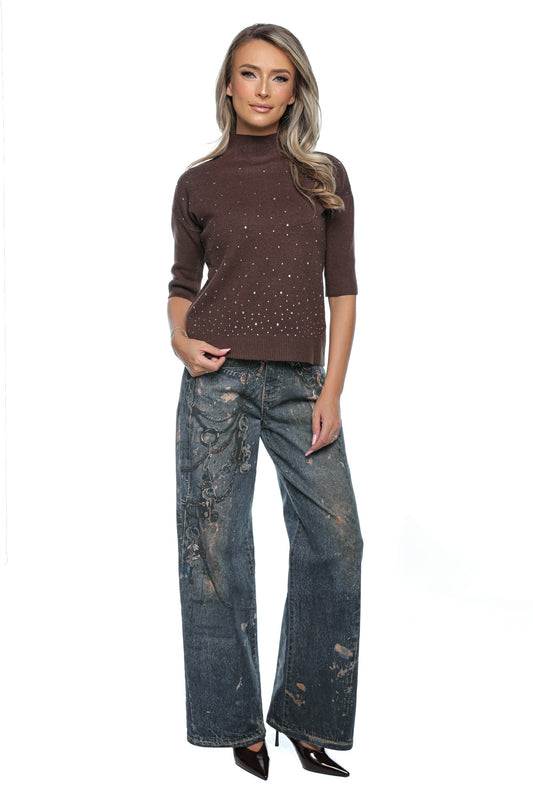 Blugi damă wide leg cu efect uzat și imprimeuri decorative