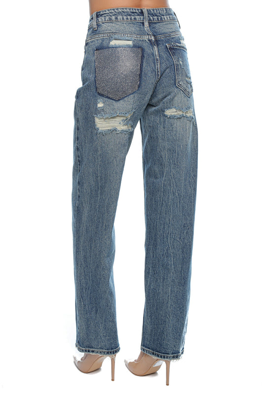 Blugi Dama Boyfriend cu Detalii Ripped și Buzunar cu Pietre