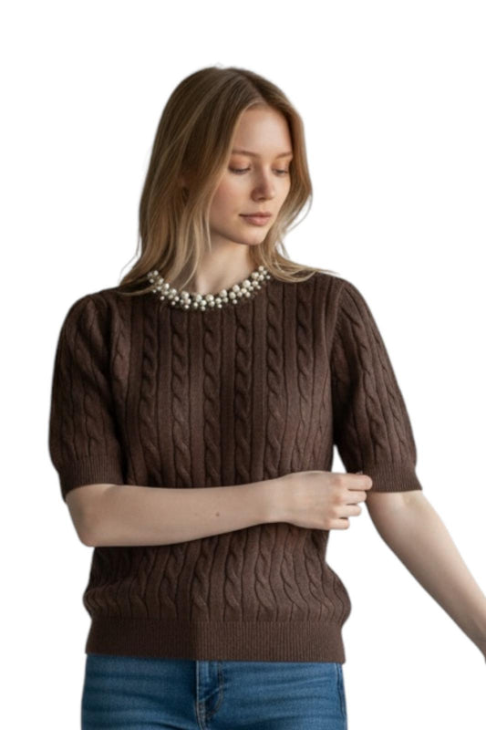 Pulover dama maneca scurta torsade perle gat