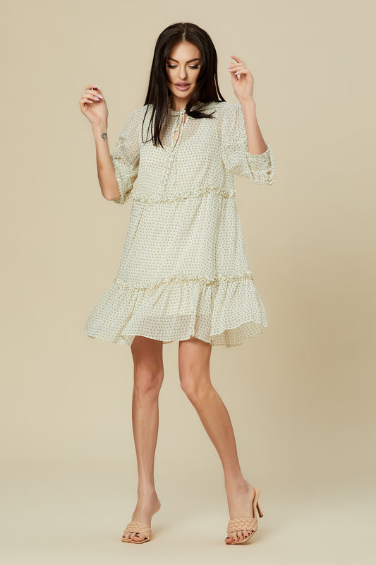 Rochie scurta bej sifon imprimeu volane