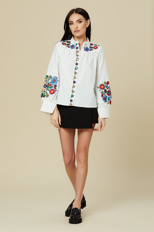 Bluza dama alba broderie colorata flori